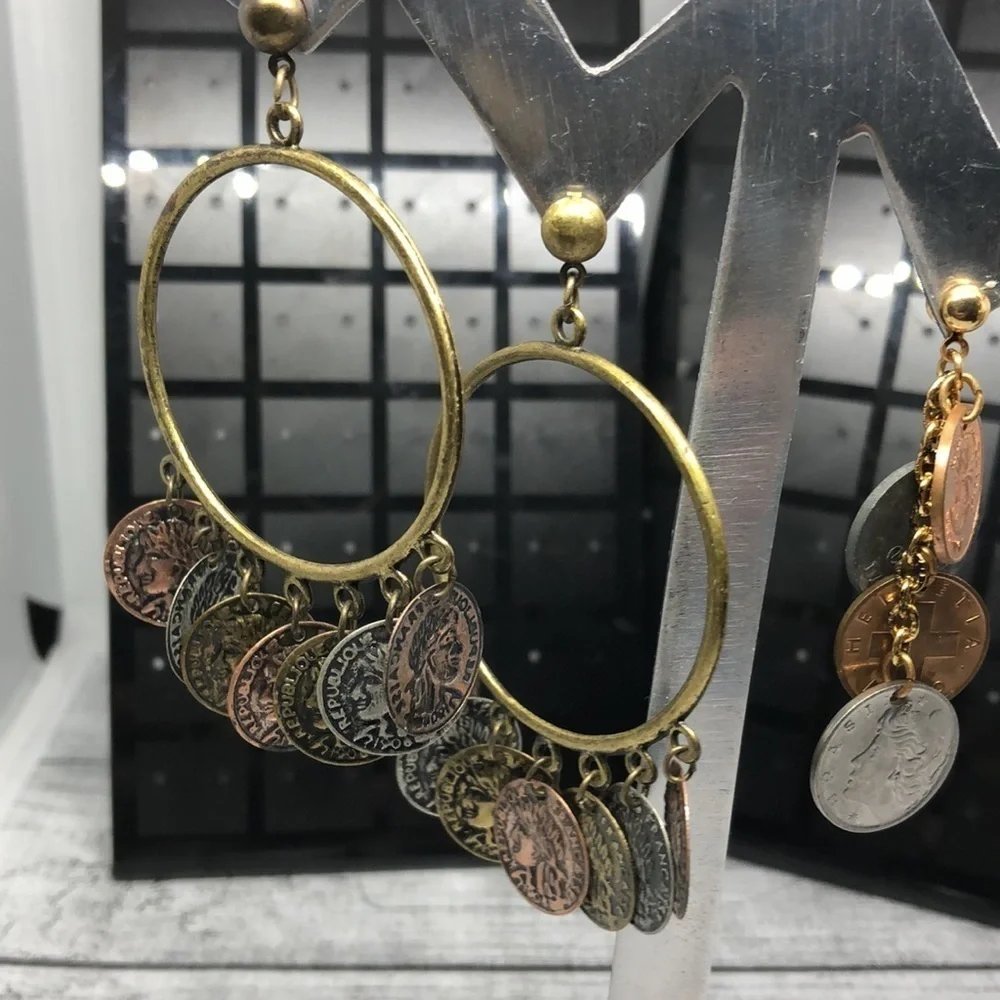 Curated bundle lot 2 coin charm boho style statement earrings long.